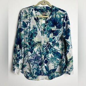 Chico's Mixed Animal Floral Print 100% Cotton Roll Tab Sleeve Blouse Top Sz 2/L